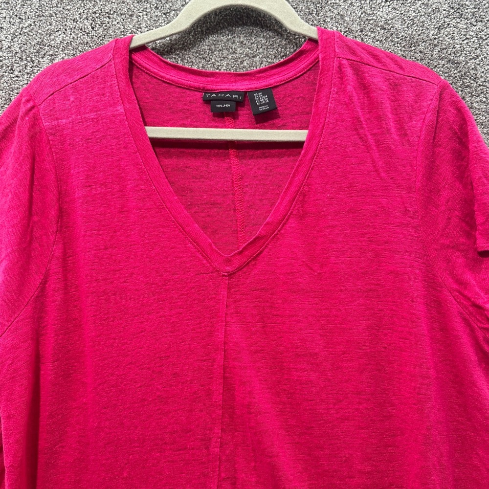 Tahari Blouse Top Women 2X Pink 100% Linen V Neck‎ Short Sleeve T-Shirt - Picture 8 of 11